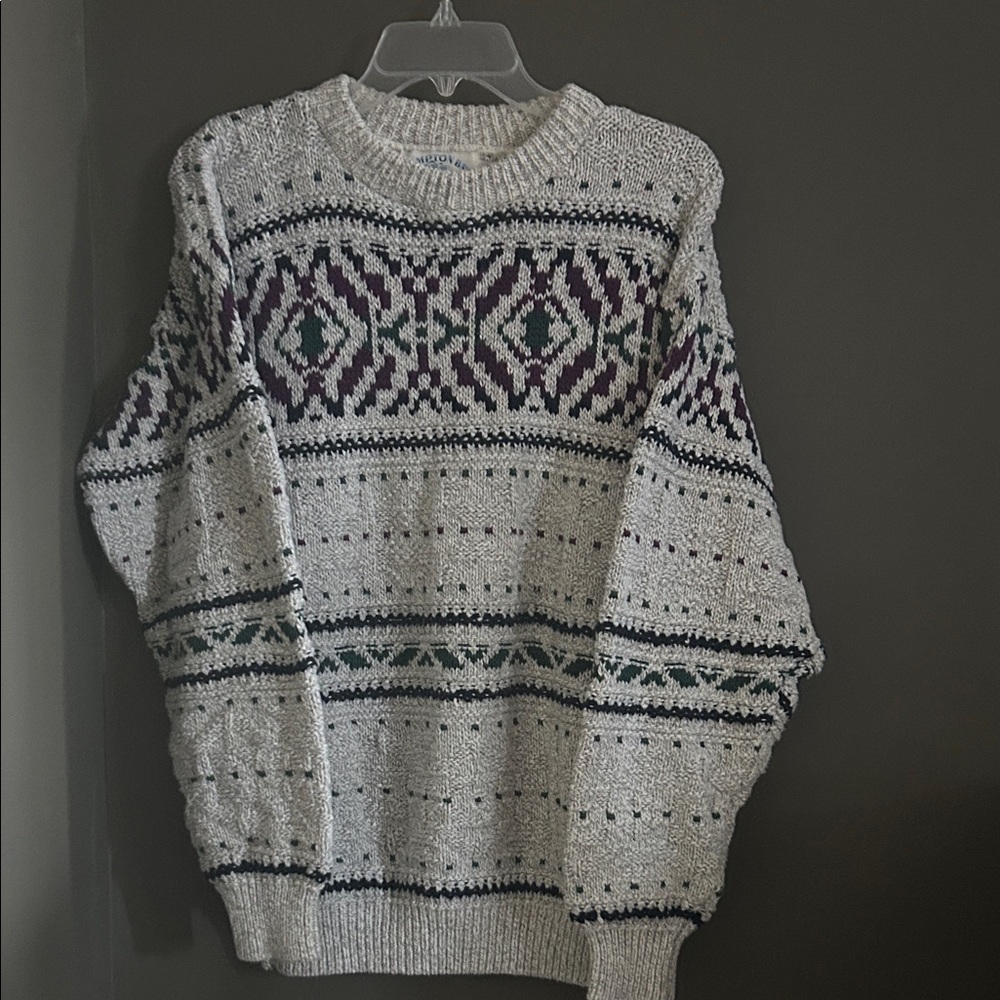 Men's Hampton Bay Patterned Crewneck Sweater - Cream and Purple